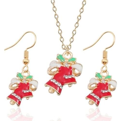 Fashion Latest Cute Girl Personality Pendant Necklace Earrings Gold Rhinestones Christmas Jewelry Set Gift Necklace for Women