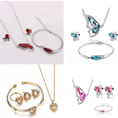 Trendy Heart Butterfly Kids XMAS Jewelry Set Women Girls Ring Necklace Bracelet & Earrings Gift