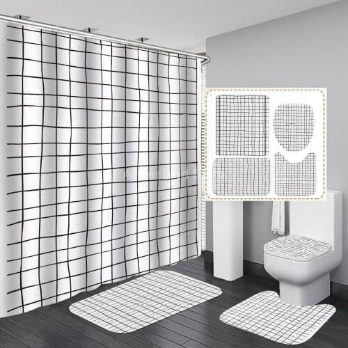 Irregular Grid Shower Curtain With Non Slip Rug Mat Bathroom Curtains Waterproof Polyester Bathroom Curtain with Hooks Modern