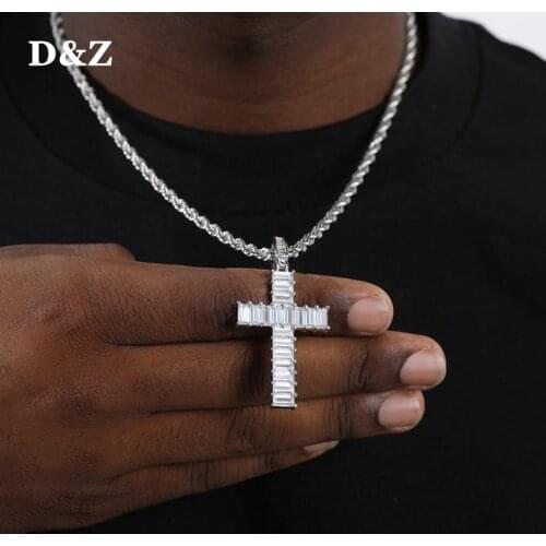 D&Z Iced Zircon Baguette Cross Pendant With 4mm Tennis Chain Mens Hip hop Jewelry Gold Silver Color CZ Pendant Necklace