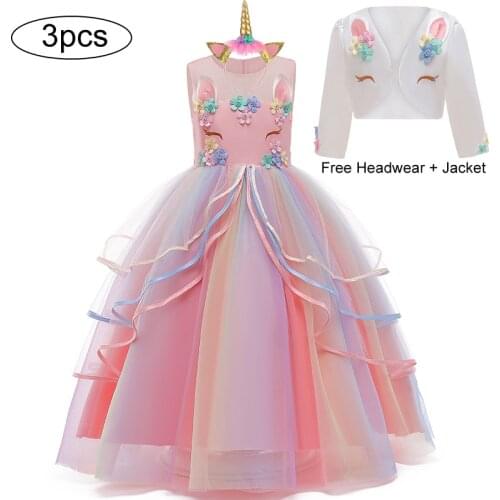 Rainbow Unicorn Girls Dresses Christmas Party Long Dress Halloween Carnival Costume Kids Birthday Princess Dress 3 to 14 Year