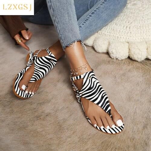 Retro Style Flat Sandals Women 2021 Casual Women Flats Zebra-print Snake-print Sandales Female Summer New Womens Flat Shoes