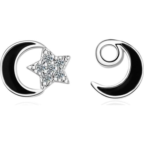 Real 925 Sterling Silver black crystal Cute Asymmetric star moon Earring Stud Small Stud Earring For Girls Wholesale