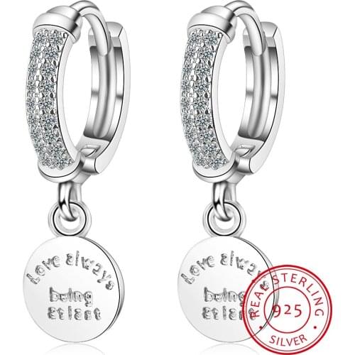 Round Disc English Letters Hoop Earrings 925 Sterling Silver Sparkling Cubic Zirconia Earring 2020 New Arrivals