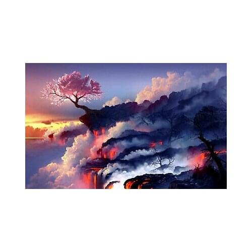 Cherry Blossom Tree on the Edge of Lava Field Art Film Print Silk Poster Home Wall Decor 24x36inch