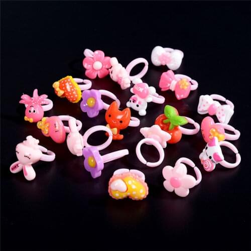 Random Send 20pcs Wholesale Children Cute Cat Rabbit Sugar Strawberry Shape Adjustable Rings For Kids Gifts Jewelry Accessories