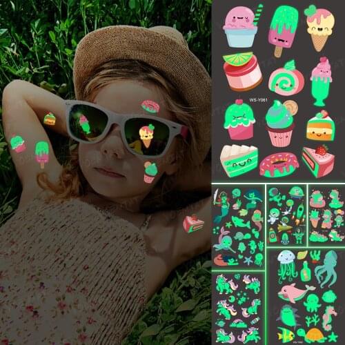 Luminous Glitter Tattoo Stickers Ice Cream Donut Children Temporary Waterproof Sugar Tatto Body Art Cute Kid Cartoon Fake Tatoo