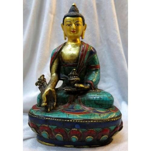 Xd 003053 8" Tibet bronze gild inlay Turquoise Buddhism Medicine Buddha Sculpture Statue