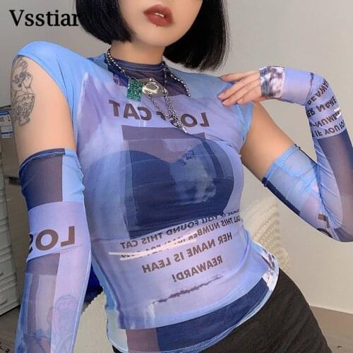Vsstiar Tie Dye Mesh T-Shirt Women Y2K Round Neck Streetwear Blue Crop Top With Gloves Fashion Letter Print Slim Ladies Outfits