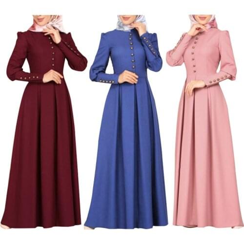 Womens Solid Color Elegant Abaya Muslim Dress Slim Fit Wide Hem Long Sleeve Decorative Buckle Vintage Ethnic Style Dress