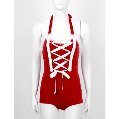 Ladies Flannel Christmas Cosplay Costume Lace Up Jumpsuit Sexy Sleeveless Faux Fur Trimming Rompers Lingerie Bodysuit Sleepwear