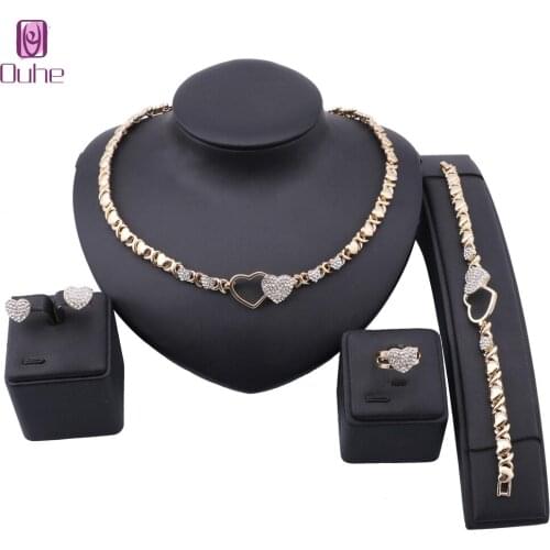 Women African Beads Jewelry Sets Heart Crystal Necklace Earring Ring Bracelet Gold Color Statement Party Jewelry Set
