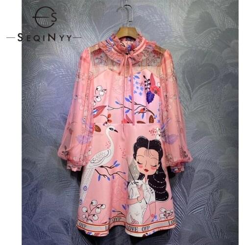 SEQINYY Sweet Dress 2020 Summer Spring New Fashion Design Women Runway Girl Flowers Print Bird Lantern Sleeve Mini