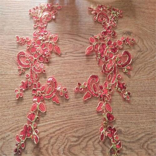10Pairs New Arrival Red Glitter Lace Applique Gold Thread Flower Sewing Trims Wedding Decoration 27X13cm BD0245