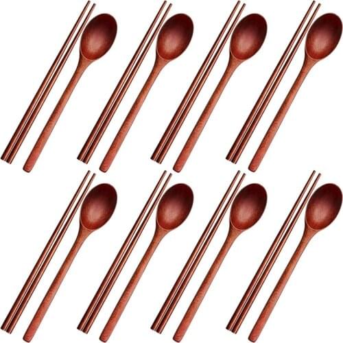 16Pcs Long Handle Wooden Spoon and Chopsticks Set Flatware Reusable Tableware Combination Utensils for Eating Food