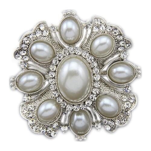 2.2 Inch Vintage Look Rhodium Silver Plated Clear Rhinestone and Cream Pearl Wedding Bouquet Brooch