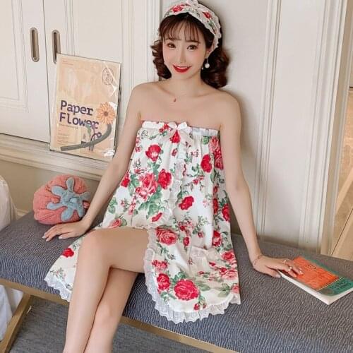 2020 Summer Sexy Lace Wrap Chest Bath Towel Robes Women Cotton Print Bath Robe Sleepwear Tube Top Bathrobe Nightgown Night Dress