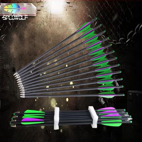 6PCS/12PCS 16"17"18"20"22" Archery Hunting Carbon Arrows Crossbow Bolts Spine 400 With 2 Green 1 Purple Feathers