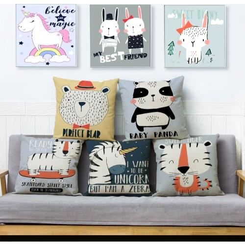 Nordic Cartoon Unicorn Cushion Cover Beige Linen Pillow Covers 45*45 Throw Pillows Cases Sofa Home Decor Animal Bear Pillowcase