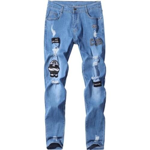 Jeans Men Stylish Men Badge Ripped Hole Pockets Skinny Jeans Stretchy Tights Denim Pants