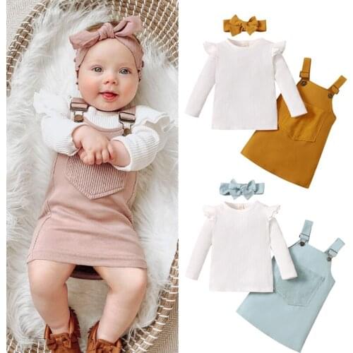 FOCUSNORM 1-5Y Autumn Lovely Baby Girls Clothes Sets 3pcs Solid Fly Long Sleeve Tops Overalls Dress Headband