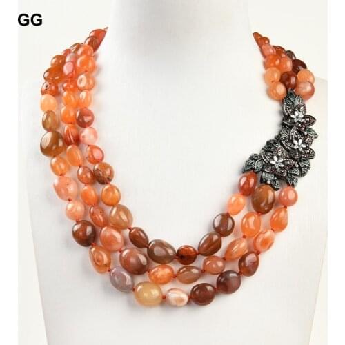 GG Jewelry 19"-22'' 3 Strands Orange Carnelian Nugget Necklace CZ Pave Pendant