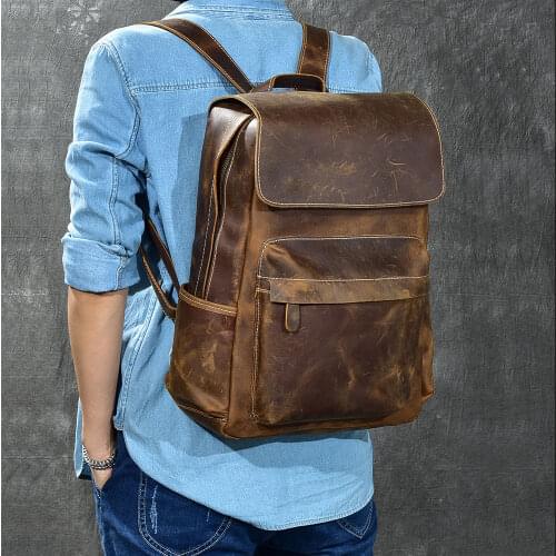 Men Genuine Leather Backpack Crazy Horse Vintage Daypack Multi Pocket Casual Rucksack Vintage Handmade Tote Bolsa women Daypack