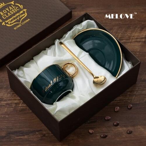 European Style Ceramic Coffee Cup Saucer Spoon Set 220ml Luxury Ceramic Mug Top-grade Porcelain Tea Cup Breakfast Milk Mugs