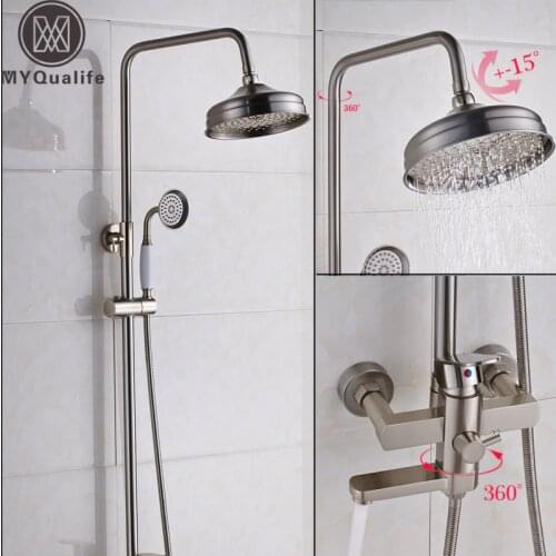 Brushed Nickel Bath Shower Faucet Set Single Lever Rainfall 8" Shower Head Swivel Spout Shower System with Handshower