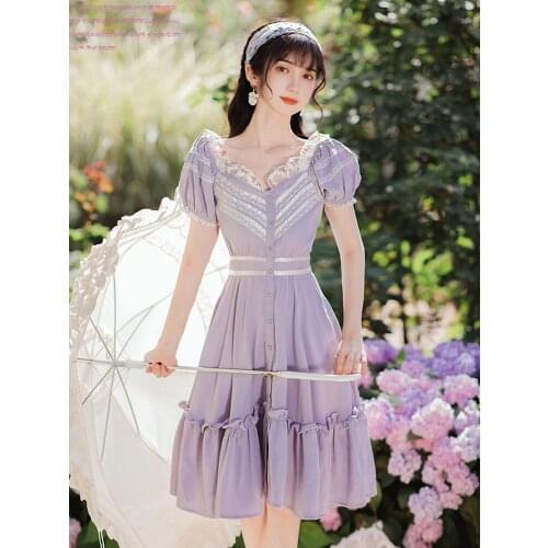 Summer New Womens Japanese Pastoral Girl Lolita Puff Sleeve Mid-Length Dress Bohemia Travel Vacation Beach Purple Dress