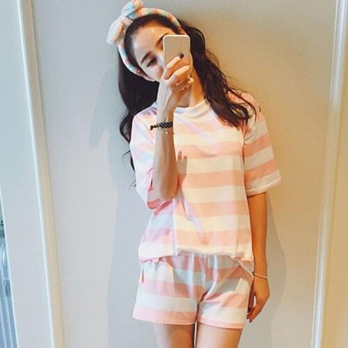 New Womens Striped Sleepwear Nightgowns 2pcs womeSleep & Lounge O-neck Pink and White for Girl Home Tshirt + Shorts Sets