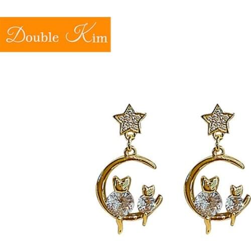 Cat Moon Stars Stud Earrings Alloy Lnlaid Zircon Geometry Refreshing Gold Earrings Fashion Trendy Women Jewelry Gift
