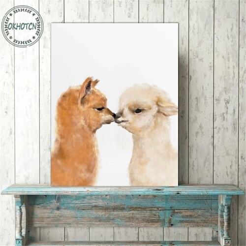 Kiss Baby Alpaca Canvas Painting Cute Watercolor Animal Poster Happy Couple Love Anniversary Gift for Wife Sweet Wedding Decor