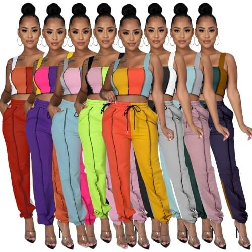 Casual Patchwork Two Pieces Set Woman Sexy Tank Crop Top And Drawstring Pants Summer Spring Club Outfits For Women Active Wear
