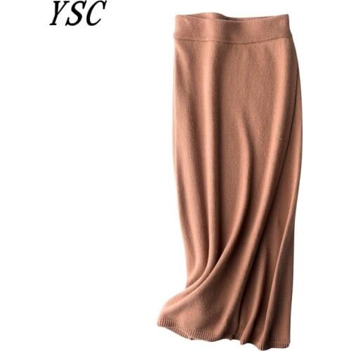 YSC 2020 Latest style Womens Knitted Pure wool Skirt Checker style color Fork opening Soft and high quality Tight fitting skirt