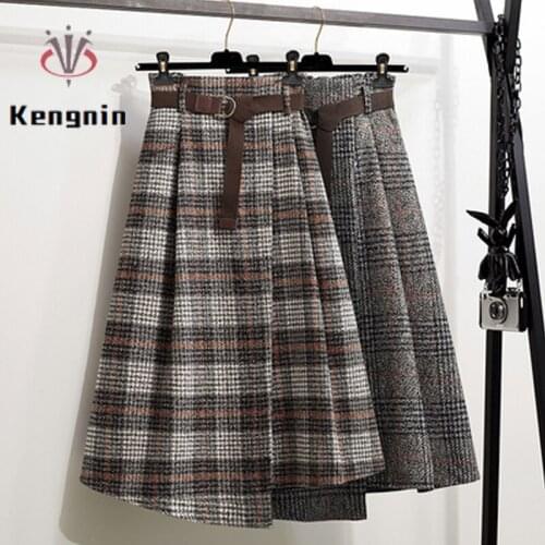 New 2021 Autumn Winter Women Skirts Plaid Wool&Blends Sashes Female Skirt Asymmetrical Loose Oversized 4XL Lady SKirts KE1841