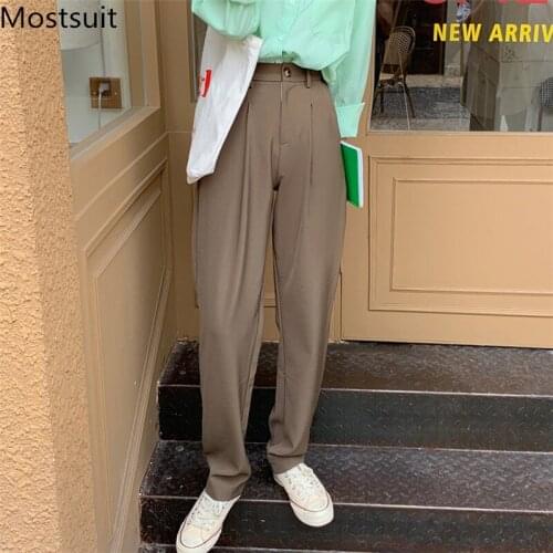 2021 Spring High Waist Straight Pants Trousers Button Fly Full-length Fashion Office Korean Workwear Female Capris Pants Femme