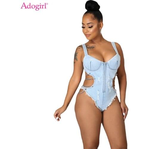 Adogirl Chain Jeans Bodysuits Women Sexy Hollow Out Zipper Spaghetti Straps Tassel Denim Overalls Female Fashion Jumpsuits