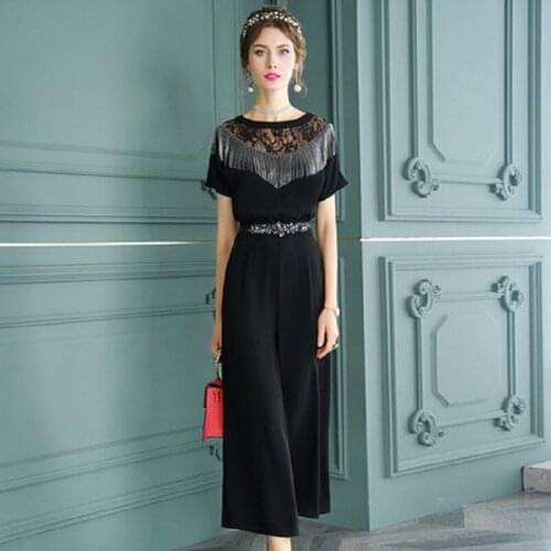 Summer 2021 new Lace high waist Jumpsuit womens retro fashion Mesh patchwork O-neck loose wide leg casual trousers plus XXXL