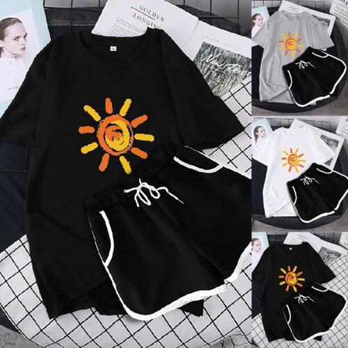 2PC Sports Home Set Women Summer Shorts Short-sleeved T-shirt Sportswear Suit Cute Sun Doodle Printed Casual Outfit Pajamas