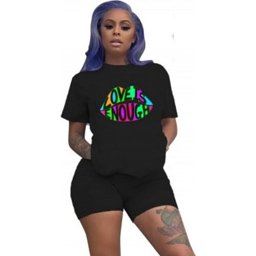 2020 Women New Summer Letter Print Short Sleeve T-shirt Knee Length Shorts Suit Two Piece Set Sporting Tracksuit Outfit