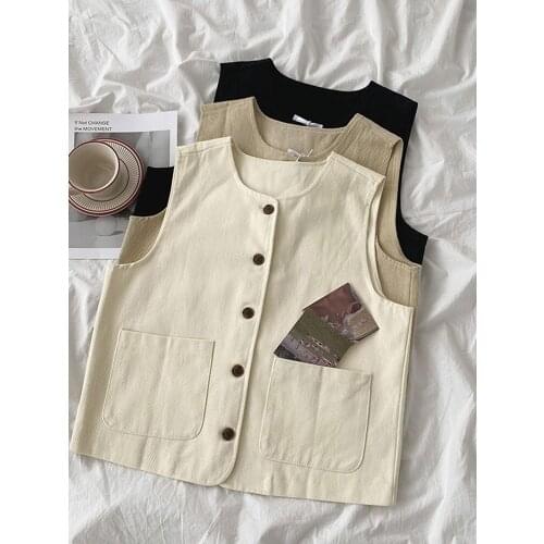 Womens Vest Jacket Autumn New Female Korean Student Loose Round Neck Sleeveless Top Waistcoat Vest Women