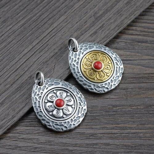 100% 999 Silver Nine Direction Eight Symbols Amulet Sterling Tibetan Six Words Pendant Necklace Buddhist OM Mantra Pendant