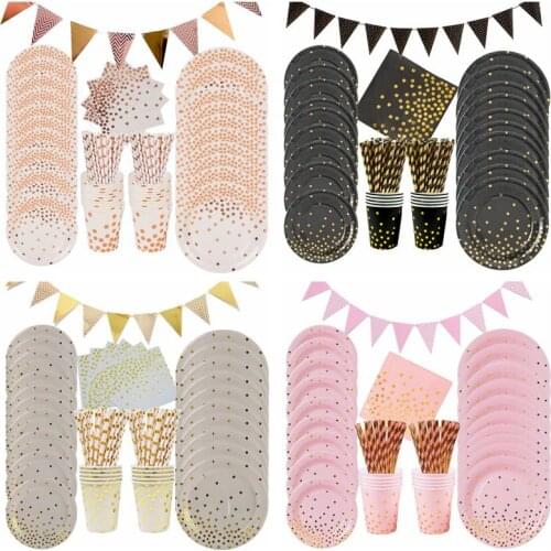 86pcs/Set Rose Gold Foil Dots Tablewares Paper Towel Cup Plate Disposable set Adult Birthday Party Decor Wedding Tableware