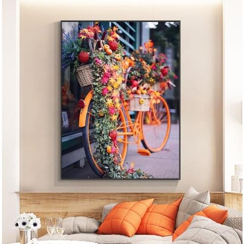 Abstract Orange Bike Decorated With Flowers Canvas Painting Nordic Posters and Prints Wall Art Picture For Home Decoration