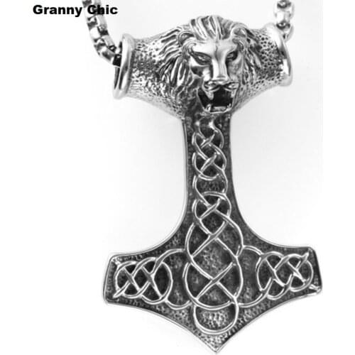 Granny Chic Fashion Jewelry Mens Jewelry Silver Stainless Steel Lion Thors Hammer Pendant Box Necklace
