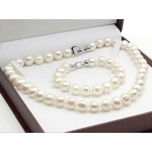 NATURAL 9-10MM SOUTH SEA WHITE PEARL NECKLACE BRACELET 925 Silver clasp
