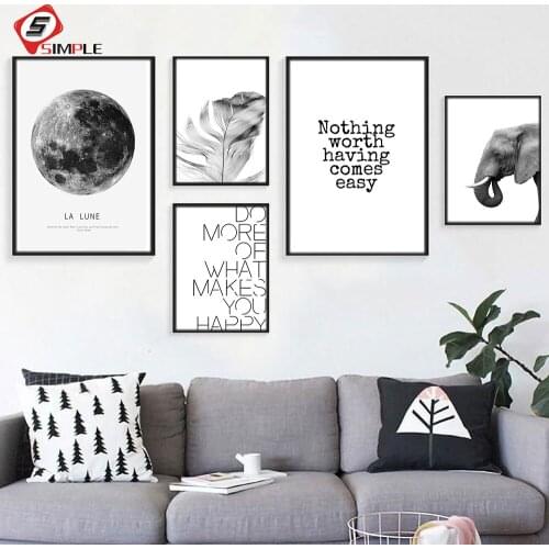 Black and White Wall Art Animal Elephant Canvas Painting Feather Quote Posters and Prints Minimalist Pictures for Living Room