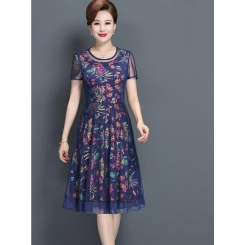 Middle-aged Women Elegant Summer Mesh Dress Large Size Ladies Round Neck Short Sleeve Mother Lace Dress XL-5XL Female Vestidos