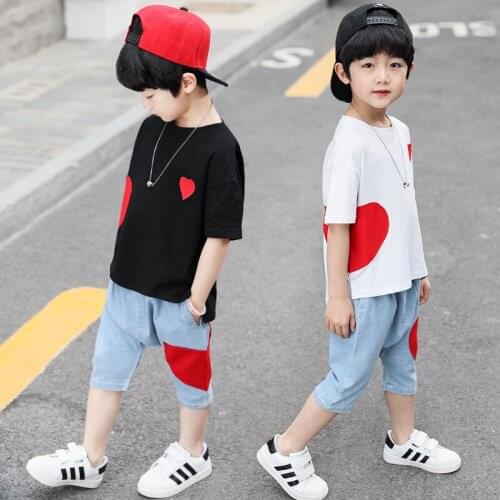 Childrens clothing boys love sports 2pcs suit short-sleeved T-shirt printing five pants summer new big virgin suit